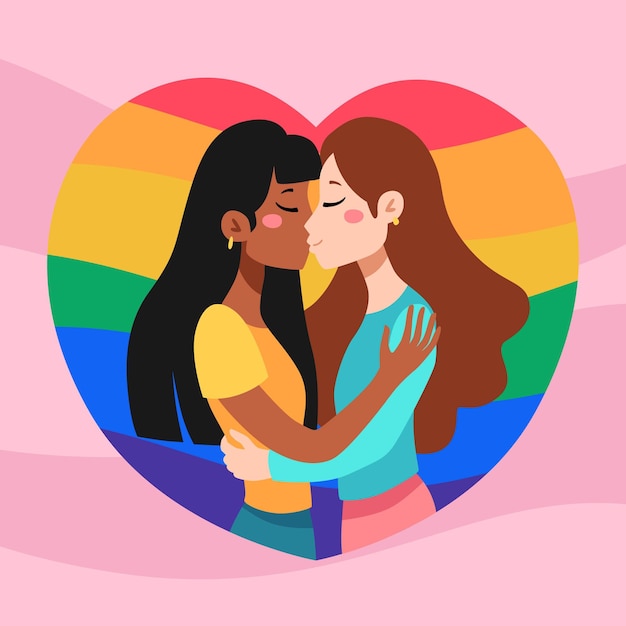 Бесплатное векторное изображение Лесбийская пара поцелуй в стиле рисованной
