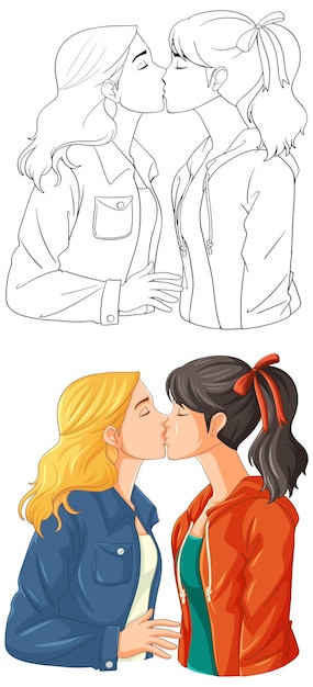 A lesbian couple kissing doodle outline