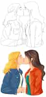 Free vector a lesbian couple kissing doodle outline