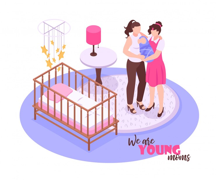 Free Vector lesbian couple and their child standing in nursery room on white  3d isometric 