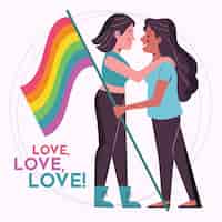 Free vector lesbian couple with lgbt flag illustrated