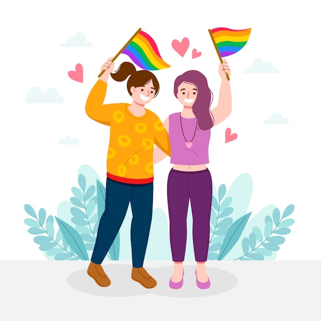 Vettore gratuito coppia lesbica con bandiera lgbt illustrata