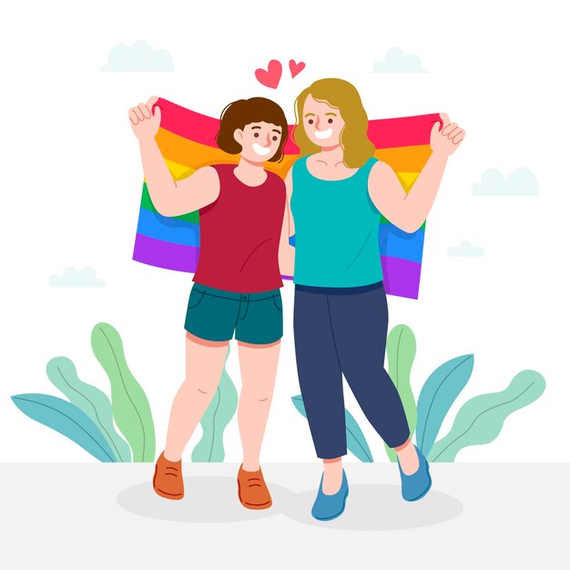 図解されたlgbtフラグを持つレズビアンのカップル