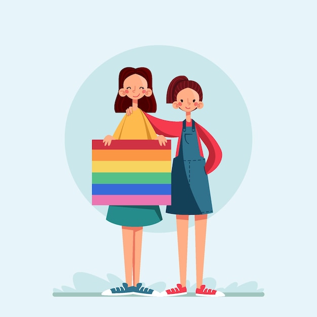 Free vector lesbian couple with lgbt flag illustrated