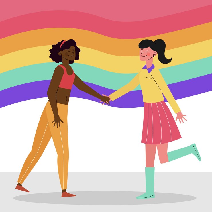 Free Vector lesbian couple with lgbt flag illustrated