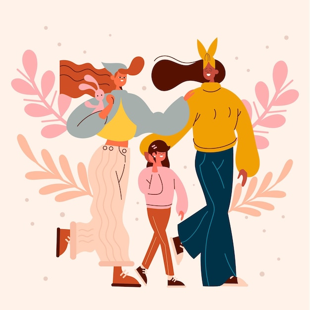 Lesbian couple with their daughter illustrated