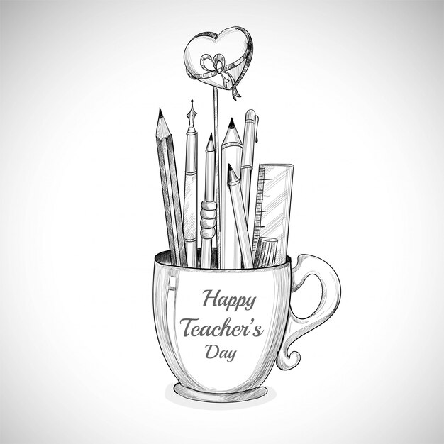 Отметим счастливый день учителя чашка и карандашный набросок