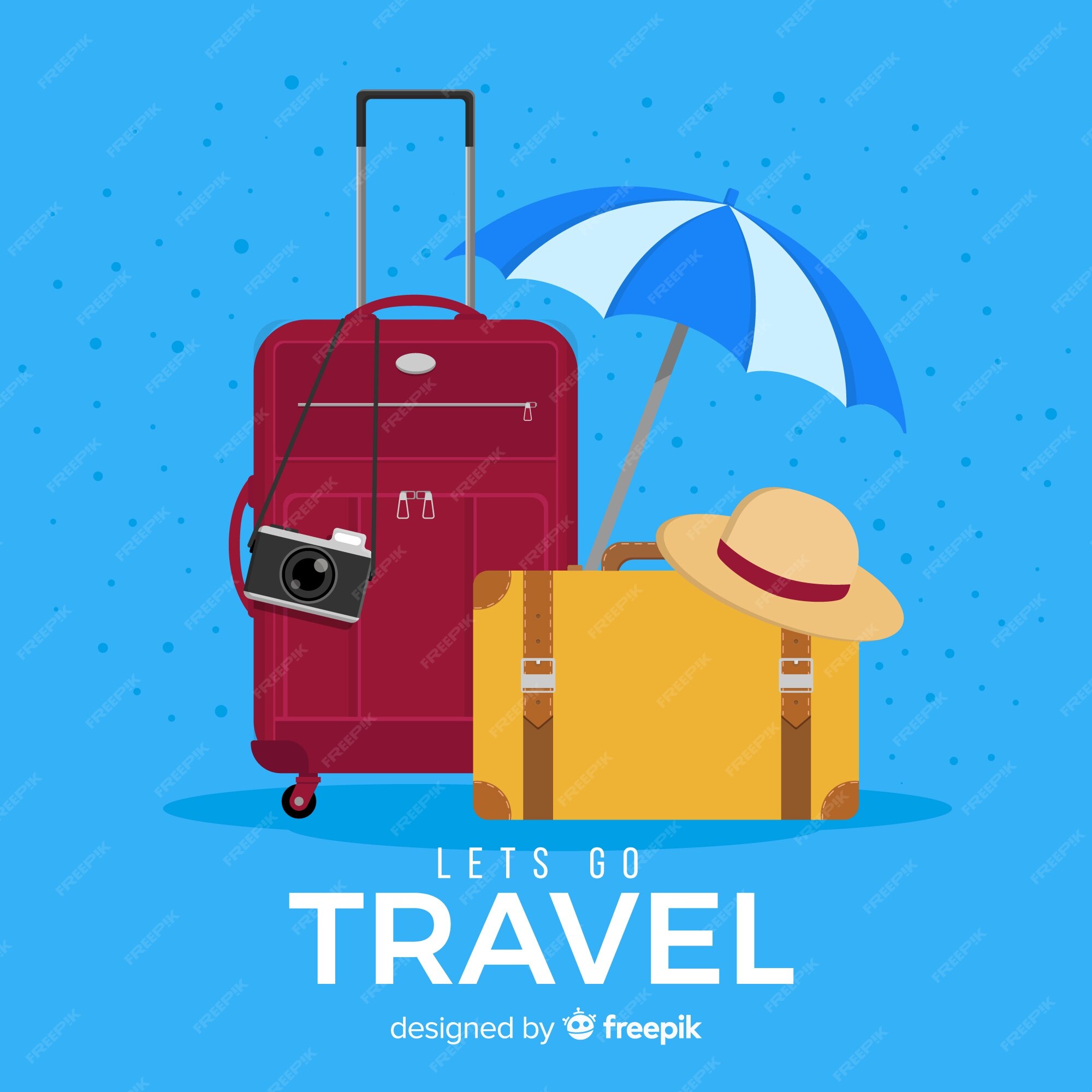 Premium Vector  Travel vector illustration. let's go travel text with  airplane, luggage bag and traveling elements