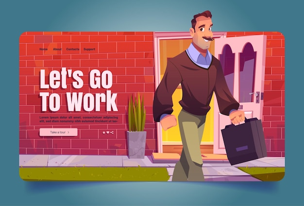 Lets go to work cartoon landing page man leaving home walking to job adult male character holding ba...