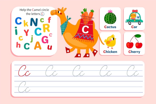 Free vector letter c worksheet with camel