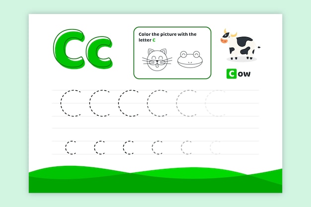 Letter c worksheet with cow