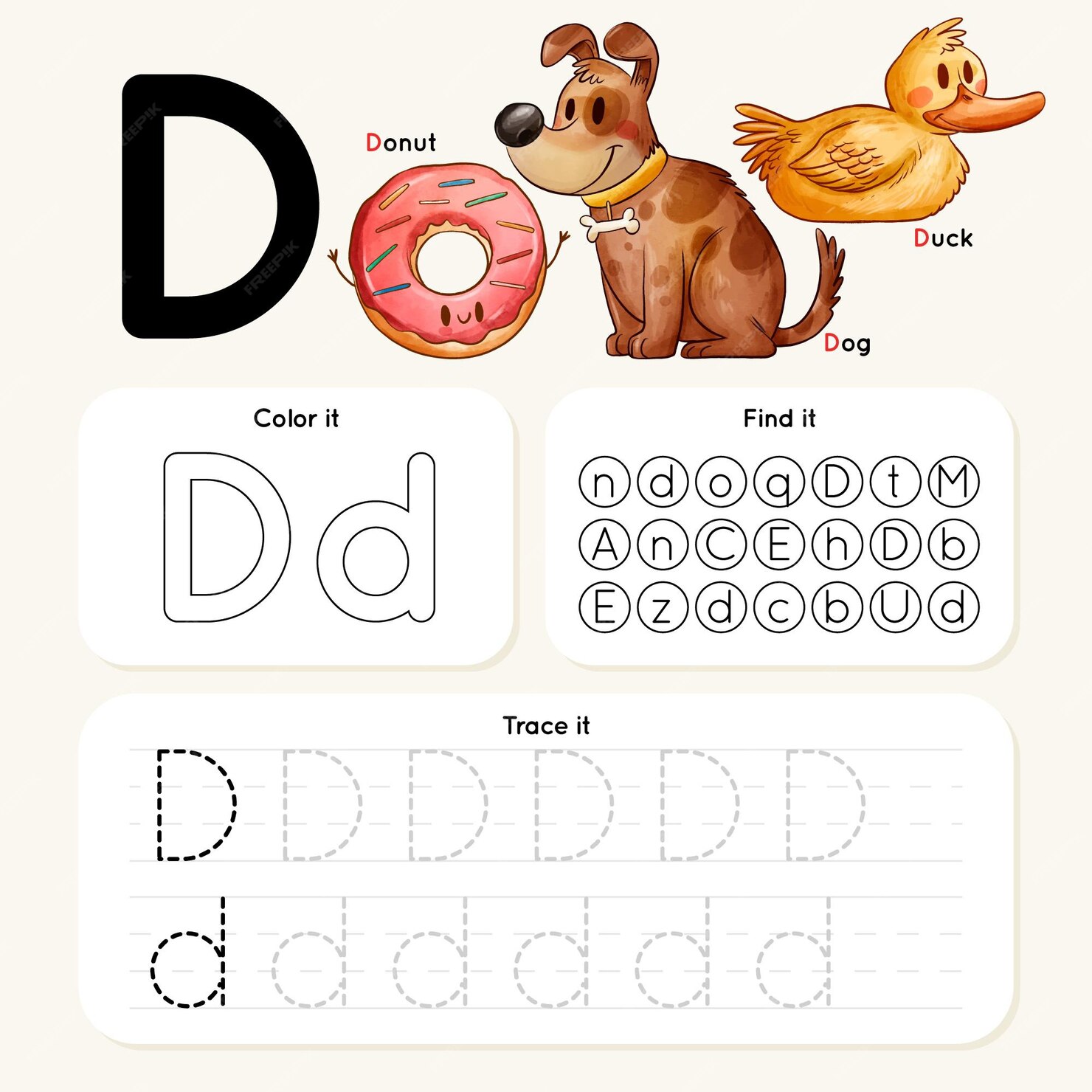 Free Vector | Letter d worksheet with animals and donut