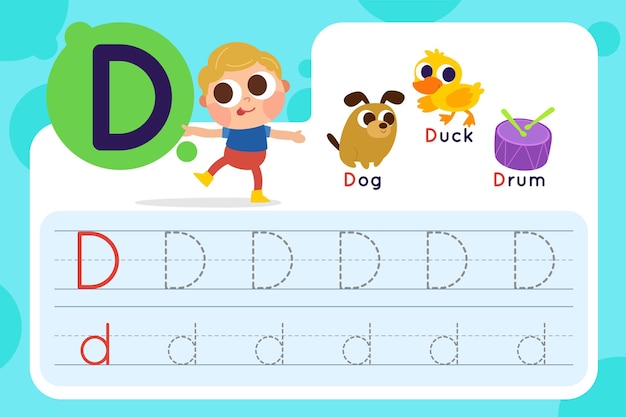 Letter d worksheet with dog and duck