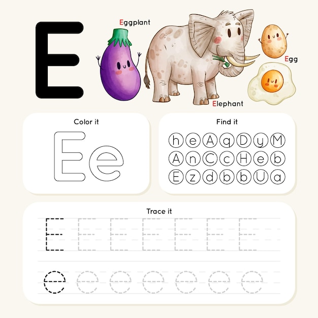 Free vector letter e worksheet animal and food