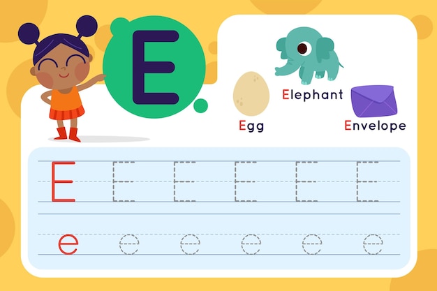 Letter e worksheet with egg and envelope