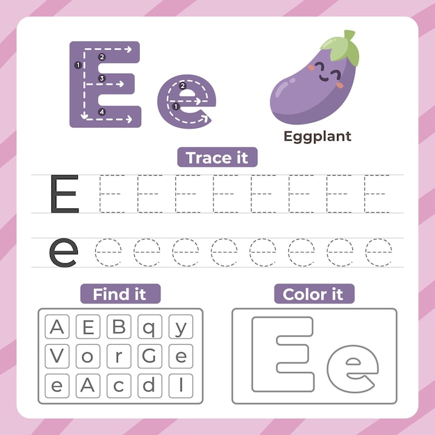 Free vector letter e worksheet with eggplant