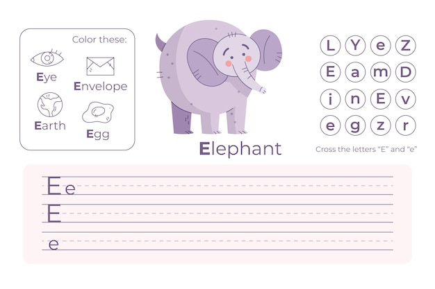 Free vector letter e worksheet with elephant