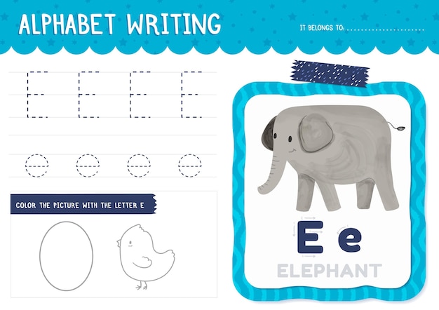 Free vector letter e worksheet with elephant