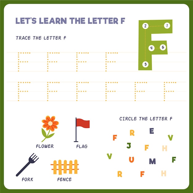 Бесплатное векторное изображение Письмо f рабочий лист для детей