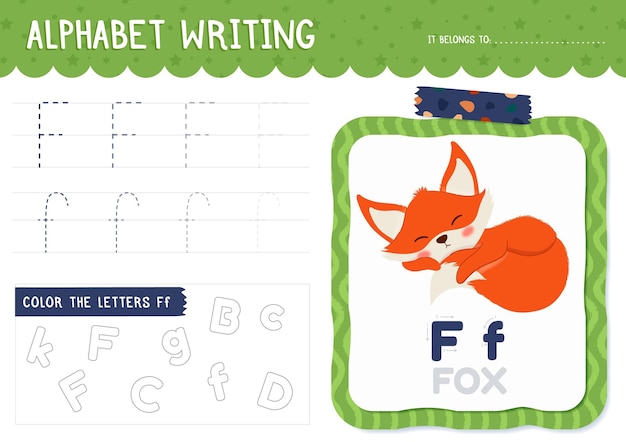 Letter f worksheet with fox illustration