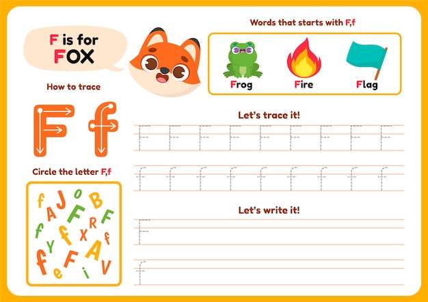 Free vector letter f worksheet with fox