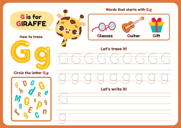 Free vector letter g worksheet with cute giraffe