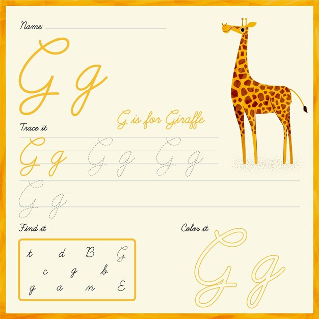 Letter g worksheet with giraffe illustration