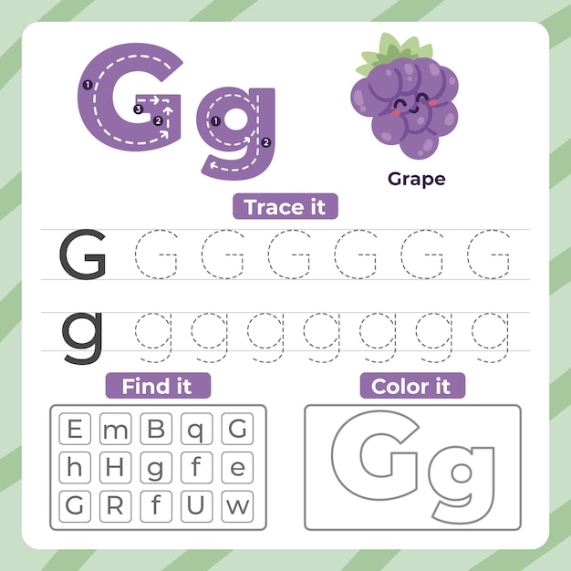 Free vector letter g worksheet with grape