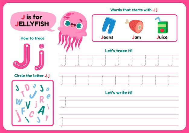 Free vector letter j worksheet with pink jellyfish