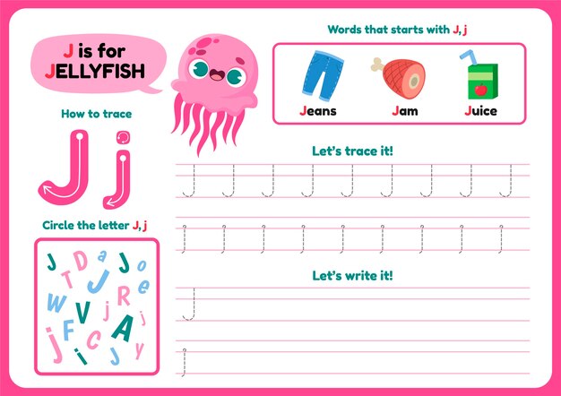 Letter j worksheet with pink jellyfish