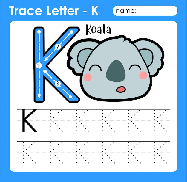 Letter k uppercase - alphabet letters tracing worksheet with koala