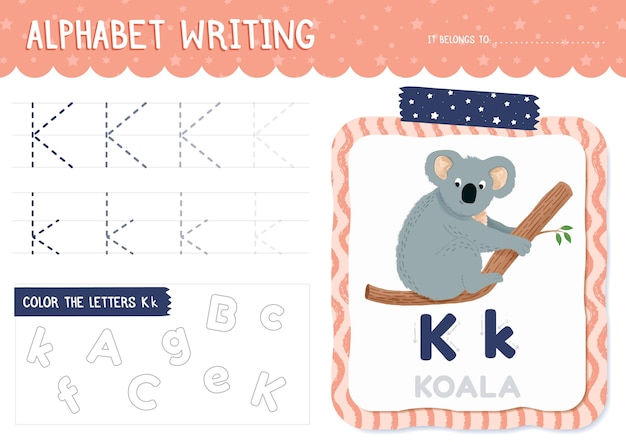 Letter k worksheet with koala