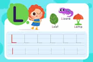 Free vector letter l worksheet with leaf and lizard