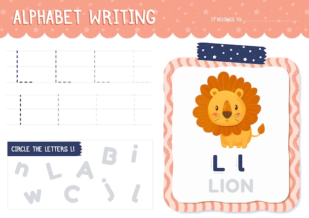 Free vector letter l worksheet with lion