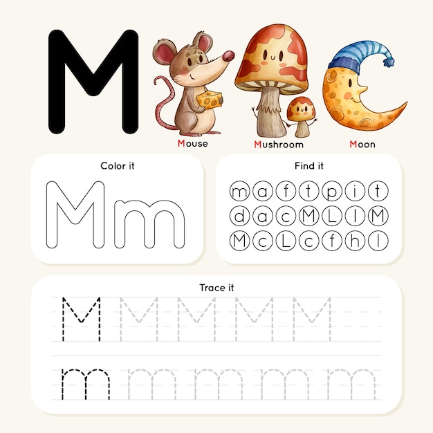 Free vector letter m worksheet with mouse, mushroom, moon