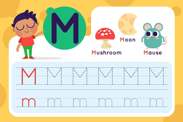 Letter m worksheet with mushroom and mouse