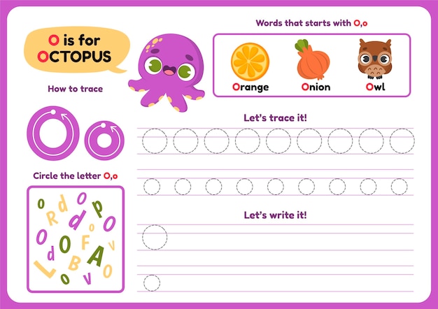 Free vector letter o worksheet with octopus