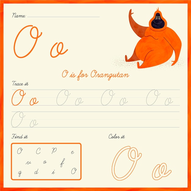 Free vector letter o worksheet with orangutan