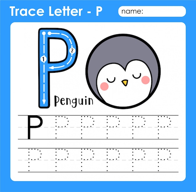 Letter p uppercase - alphabet letters tracing worksheet with penguin