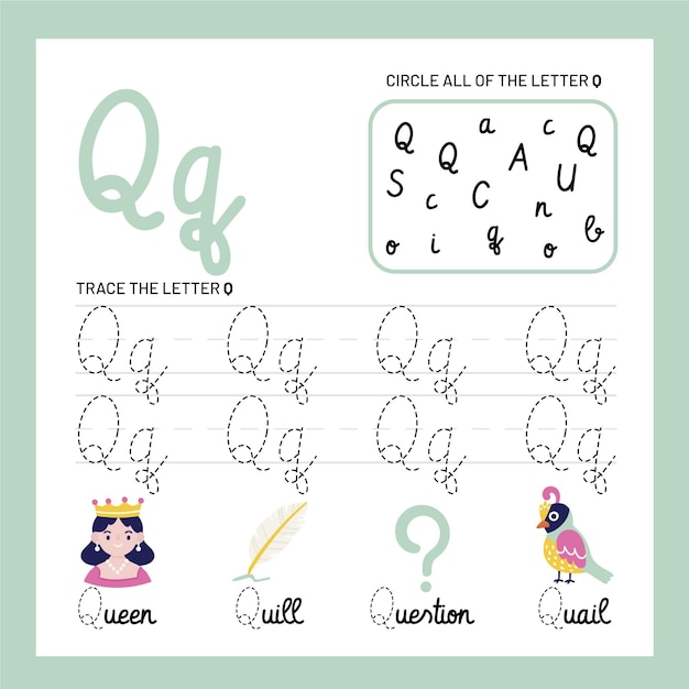 Free vector letter q worksheet template