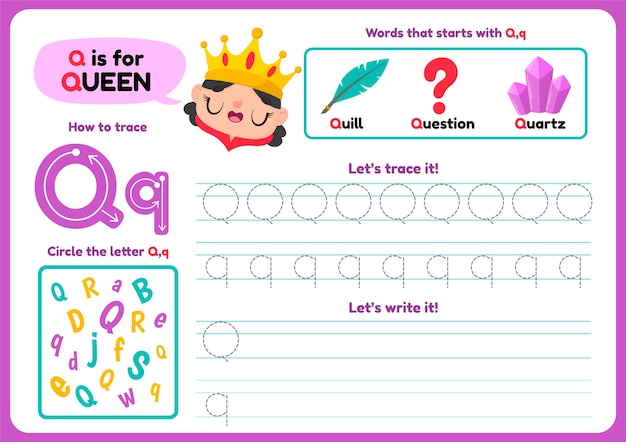 Letter q worksheet with items and queen