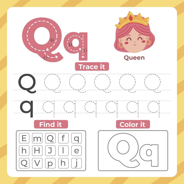 Free vector letter q worksheet with queen