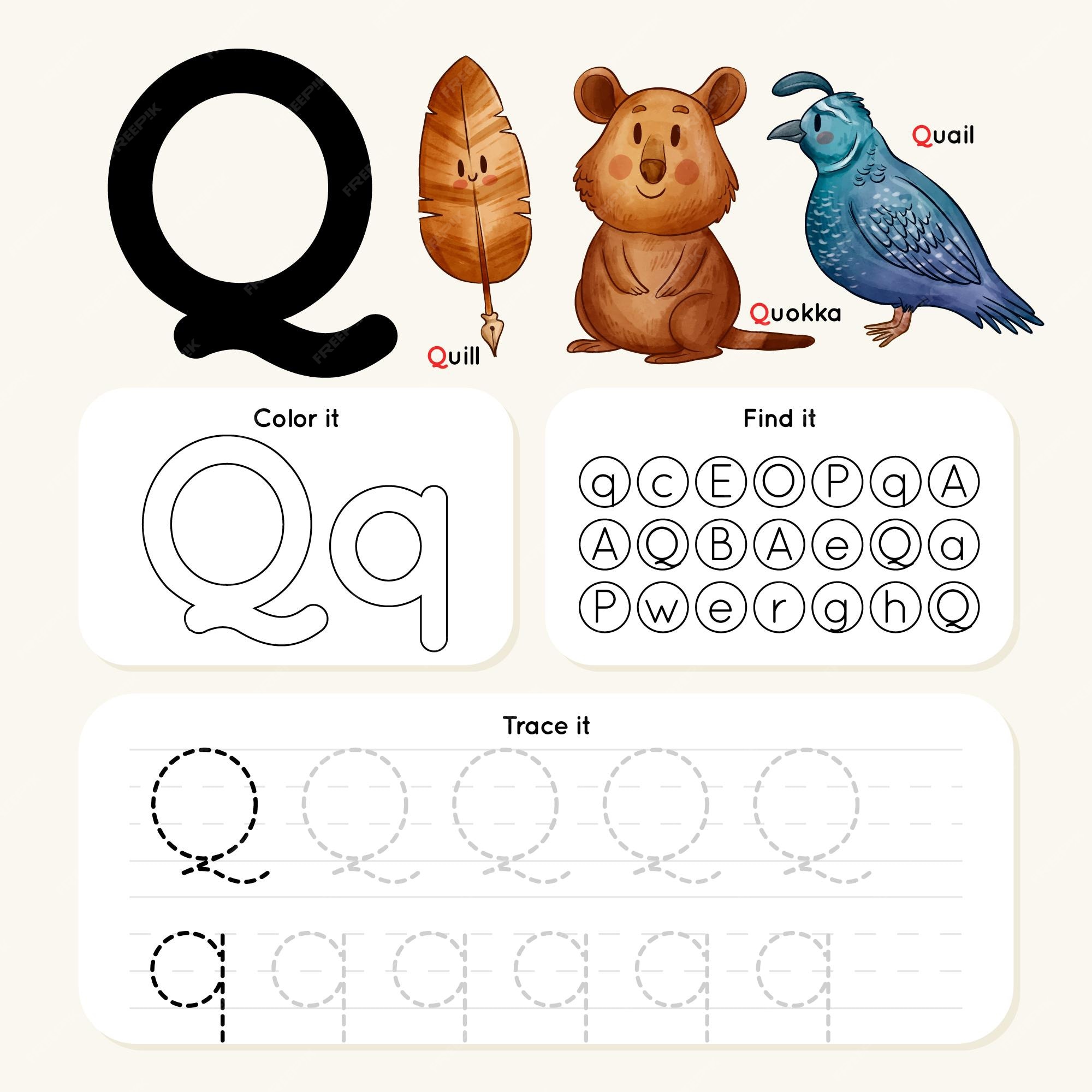 Free Vector | Letter q worksheet with quill and animals Free Vector | Letter q worksheet with quill and animals