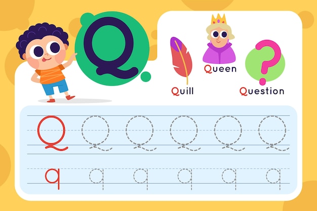 Letter q worksheet with quill and queen