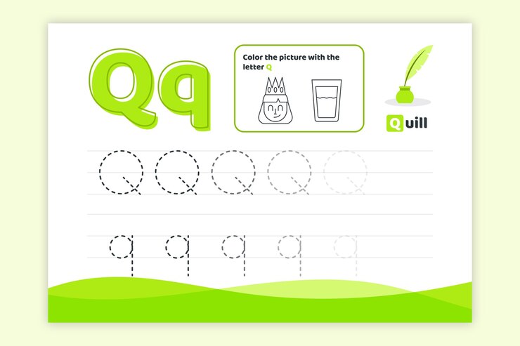 Free Vector letter q worksheet with quill