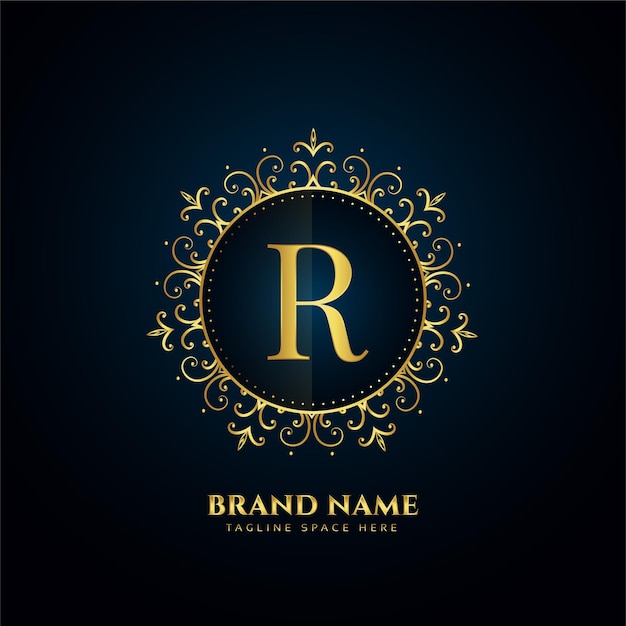 Letter r logo concept with golden florals