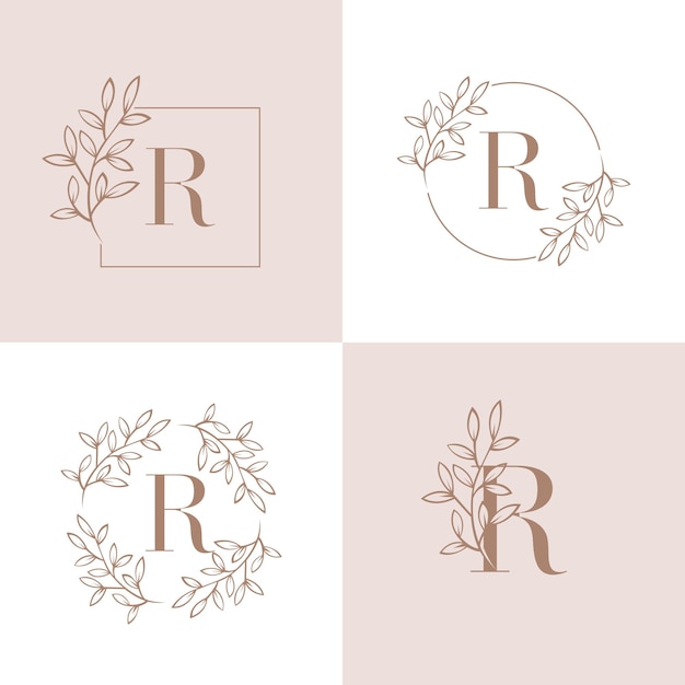 난초 잎 요소와 편지 R 로고 디자인 프리미엄 벡터