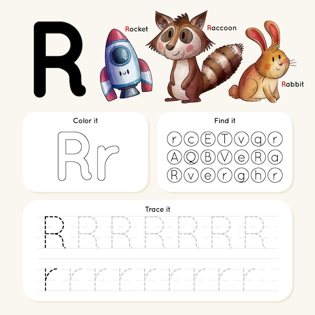 Free vector letter r worksheet with animals and rocket