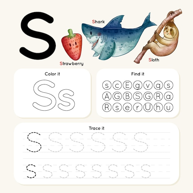 Free vector letter s worksheet with animals and fruit