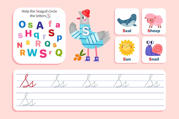 Letter s worksheet with seagull